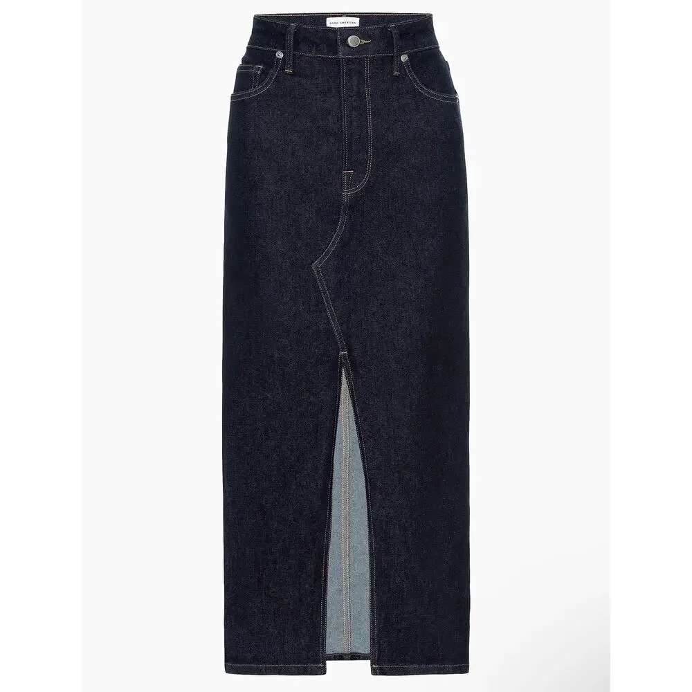 Good American Stretch Denim Indigo Midi Skirt Size 24 (Plus), NWT - Picture 3 of 12